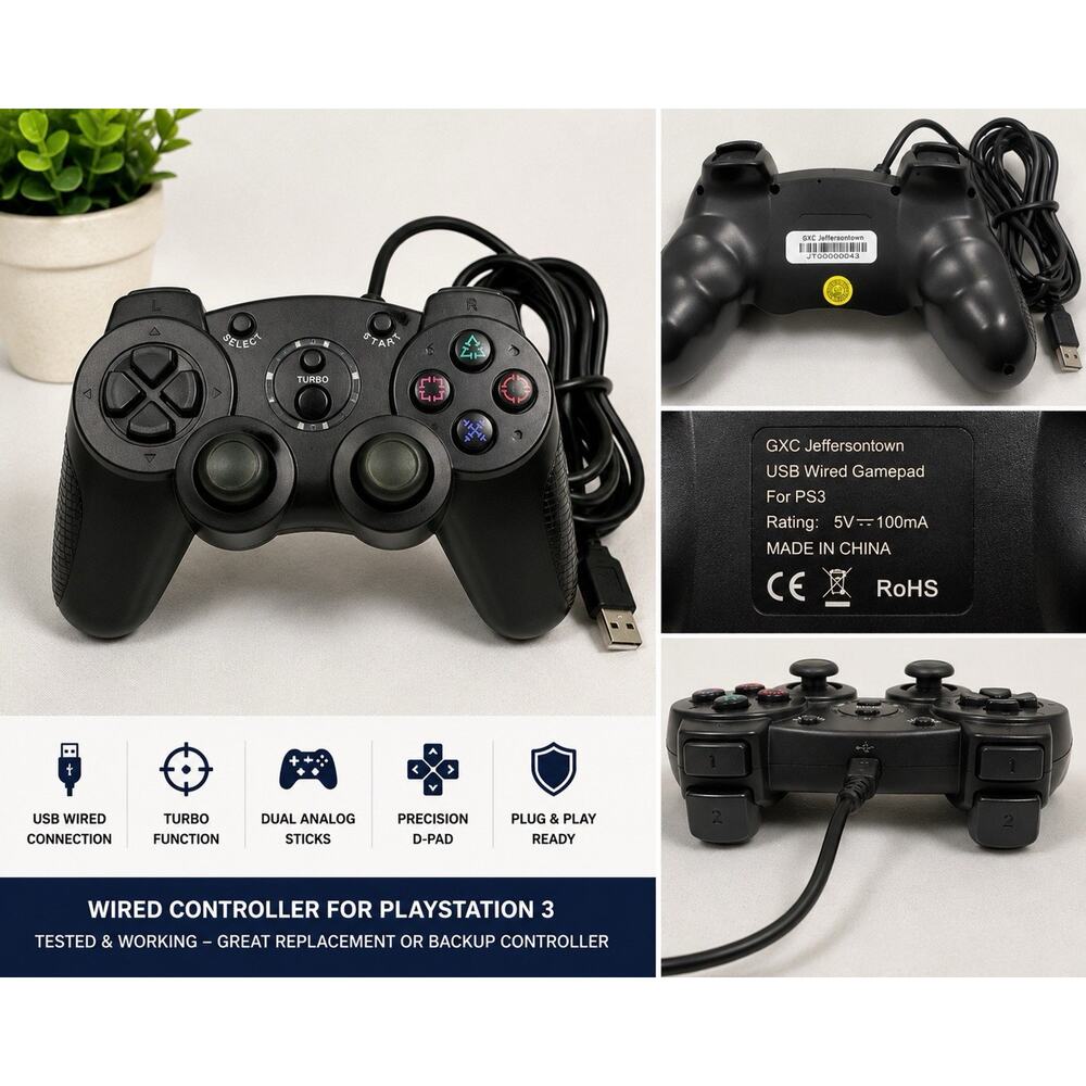 Wireless PS3 Controller Turbo Gamepad w/ Charging Cable Tested Black